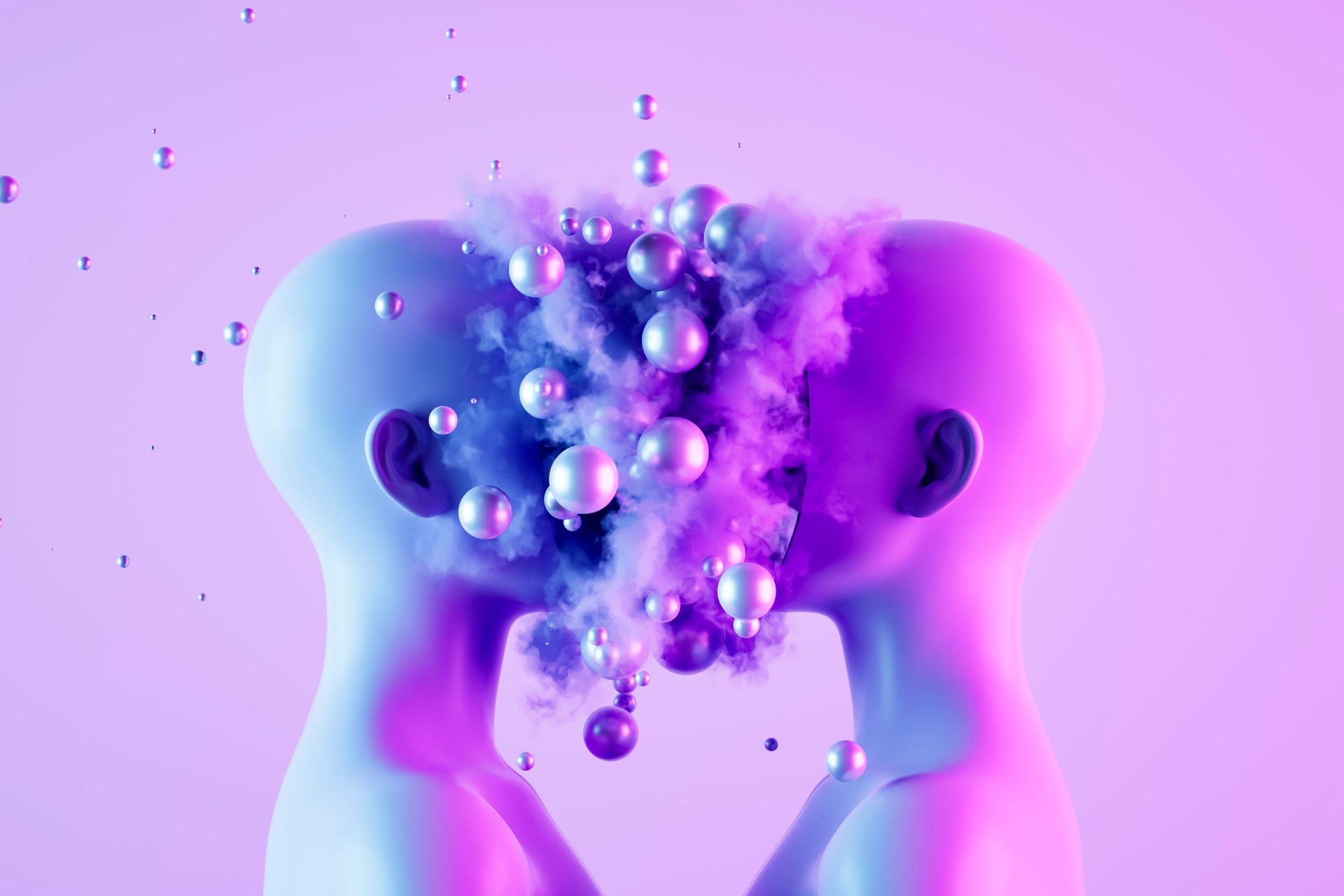 Connection Between Two Heads with Flying Spheres, Artificial Intelligence Concept