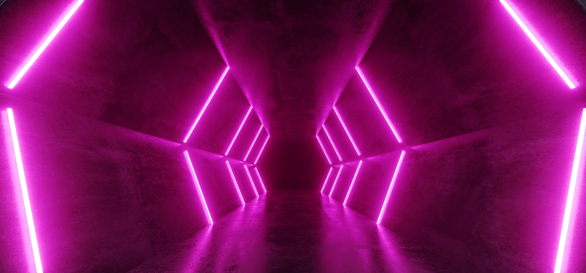 Neon Glowing Retro Futuristic Sci Fi Dance Fluorescent Luxurious Luminous  Lines Pink Purple Lights In Empty Dark Stage Alien Corridor Tunnel Grunge Concrete 3D Rendering